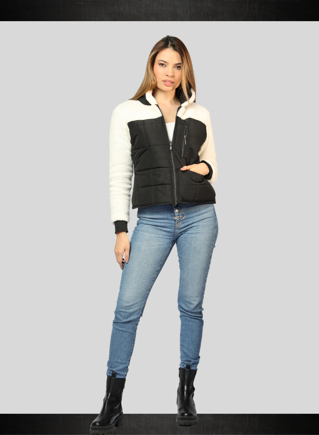 CHAQUETA COMBINADA CON OVEJERO Y BOLSILLOS INVISIBLES
