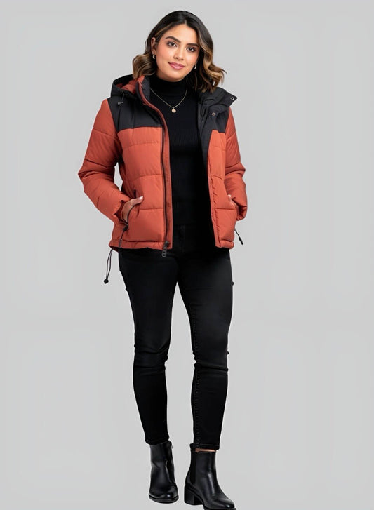Chaqueta puffer bicolor terracota para mujer  INOLVIDABLE
