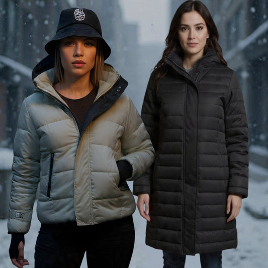 Dúo Ícono (incluye Chaqueta urbana Gris + Abrigo puffer largo Negro)