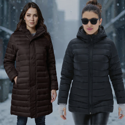 Dúo Elegance (Incluye gabán de guantes negro + Abrigo puffer café )