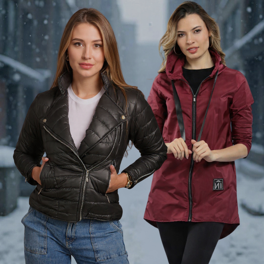 Set Mujer Sublime (incluye capa ultraligera Vinotinto + chaqueta biker negra)